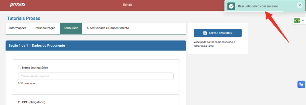 Plataforma prosas mostrando o rascunho salvo.